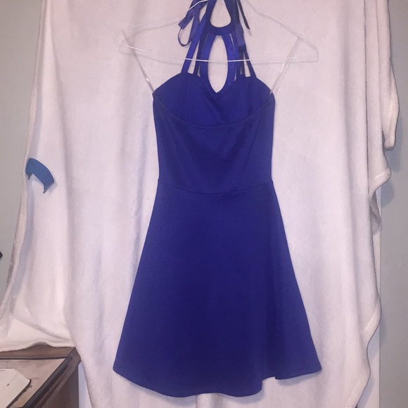 Royal Blue Mid-Calf Beaded Neck Homecoming Dress - Picture 3 of 3